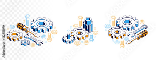Repair and maintenance concept set, technics service, gears and tools in 3D isometric projection vector illustration, technical mechanical workshop.