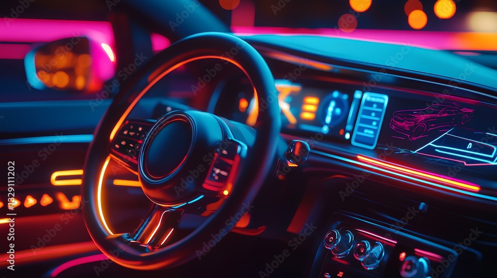 A futuristic dashboard inside an electric car, with touch-screen controls glowing softly.