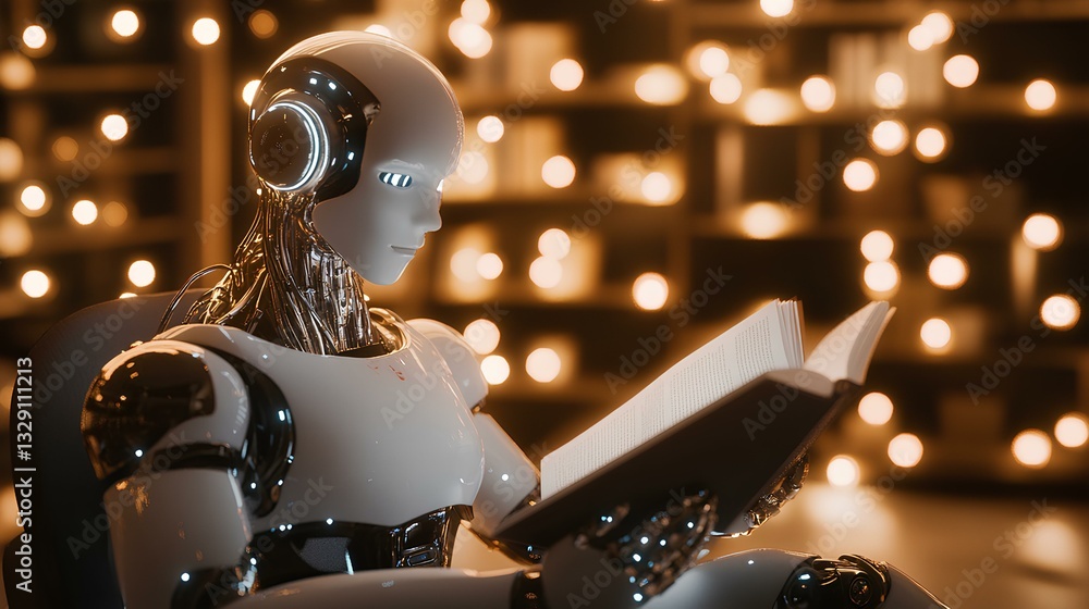 A humanoid robot reading aloud to a blind person, with holographic images illustrating the story around them.