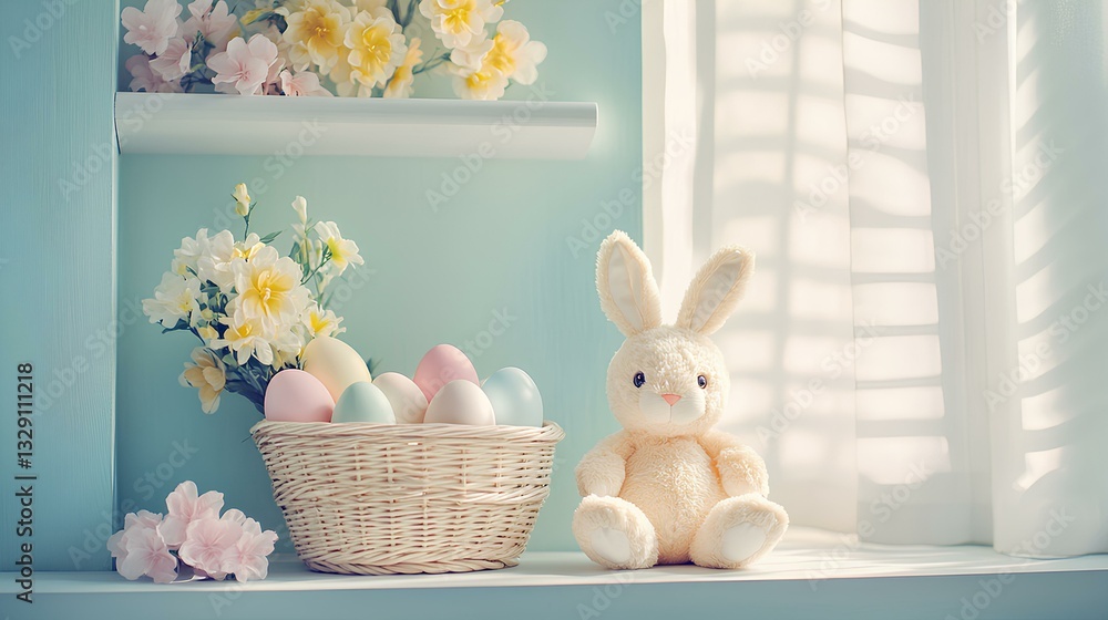 A cozy nook with a basket of pastel-colored eggs, a soft bunny plush toy, and fresh spring flowers on a sun-dappled shelf