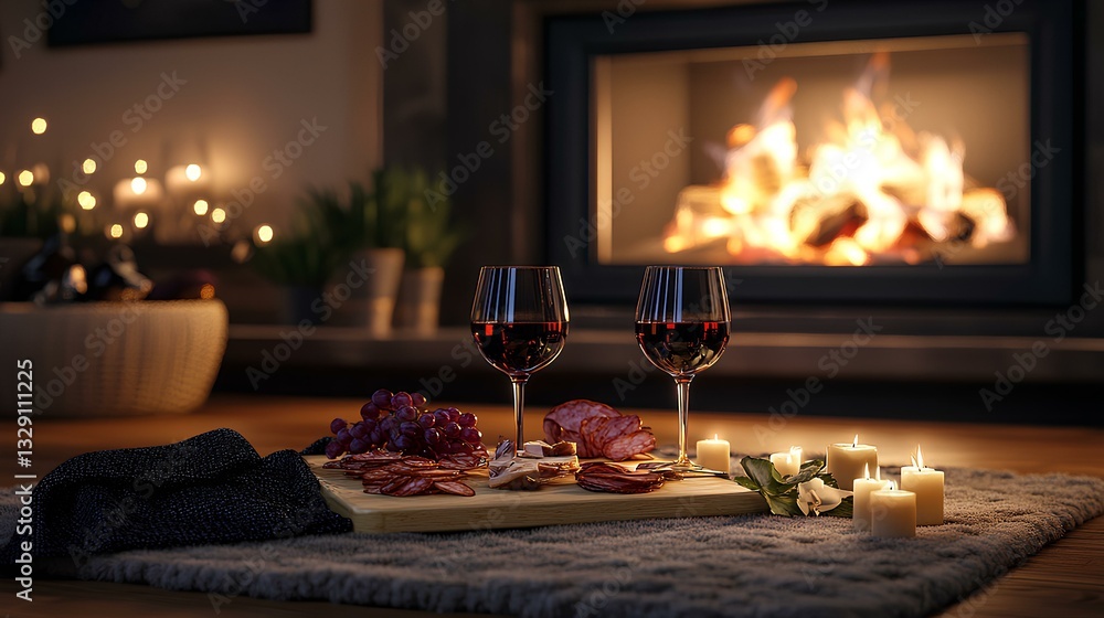 A cozy fireplace in a luxury suite, with a charcuterie board and glasses of wine set on a plush rug in front of it