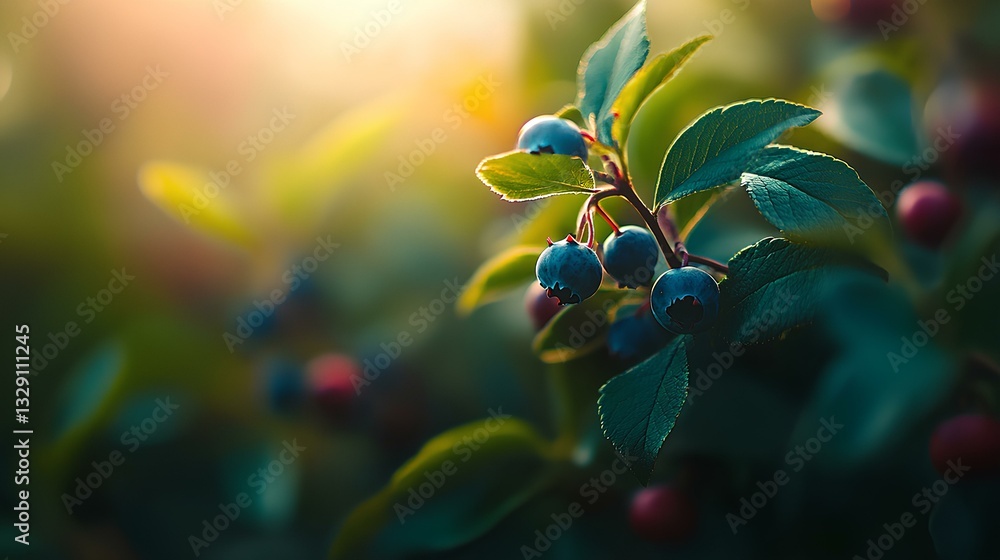 A blueberry bush with ripe berries and vibrant green leaves, illuminated by soft morning sunlight