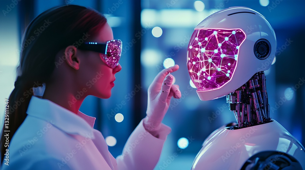 A humanoid robot and a researcher examining a complex molecular model displayed in a hologram, their faces reflecting curiosity and focus