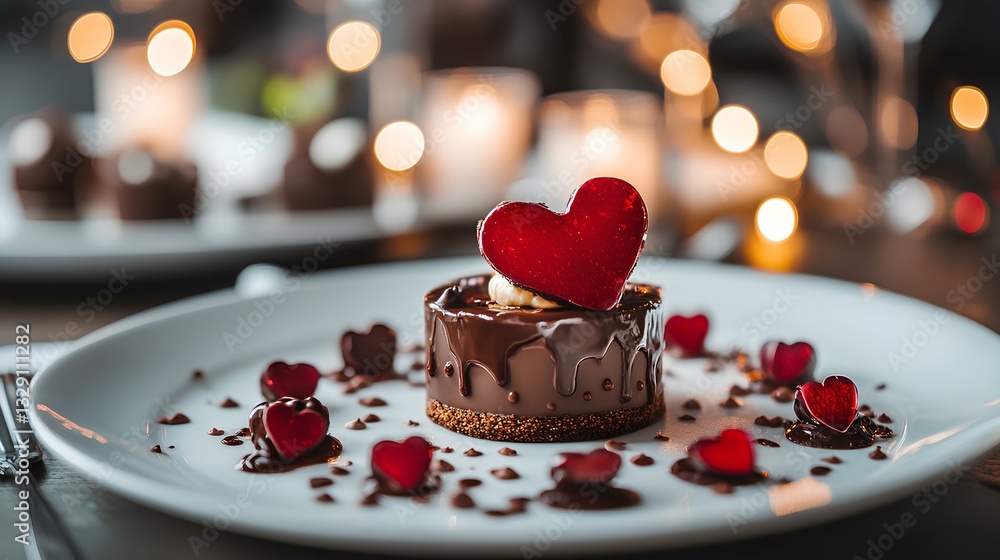 A beautifully plated gourmet dessert with heart-shaped chocolate decorations, served on fine china in an elegant dining room