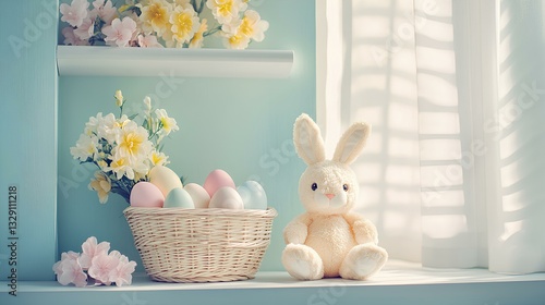 Obraz na płótnie A cozy nook with a basket of pastel-colored eggs, a soft bunny plush toy, and fresh spring flowers on a sun-dappled shelf w salonie