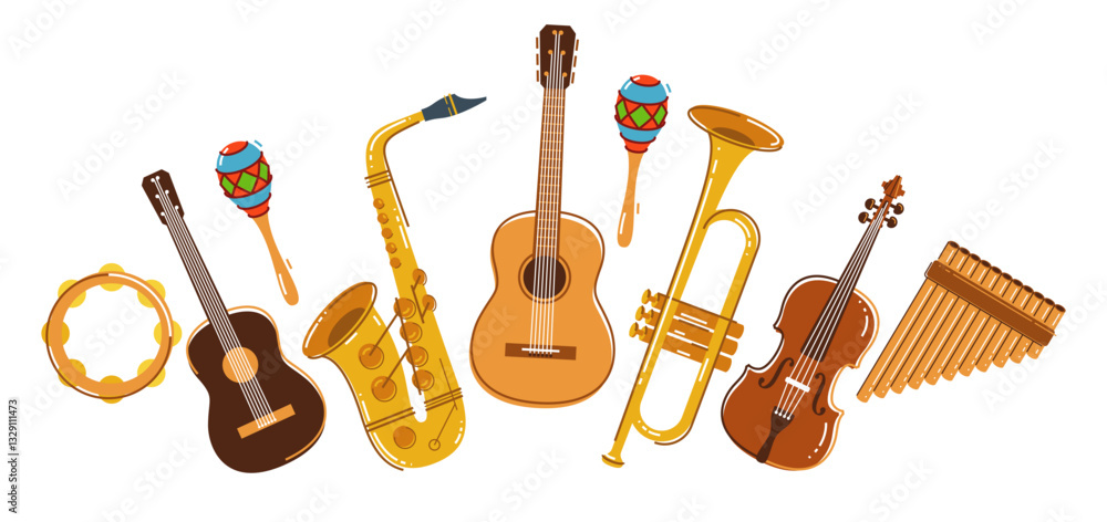 Naklejka premium Latin music band salsa vector flat illustration isolated over white background, live sound festival concert or night dancing party, Brazil or Cuban musical fiesta theme.