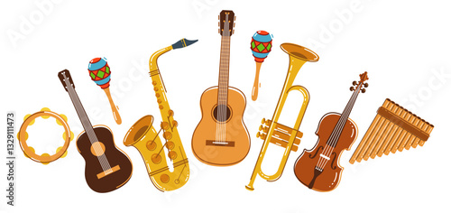 Latin music band salsa vector flat illustration isolated over white background, live sound festival concert or night dancing party, Brazil or Cuban musical fiesta theme.
