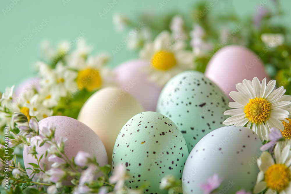 Elegant close-up of pastel-colored Easter eggs intricately arranged among fresh spring flowers, illuminated by a bright, dynamic light that creates striking highlights and deep shadows. Elegant close-up of pastel-colored Easter eggs intricately arranged among fresh spring flowers, illuminated by a bright, dynamic light that creates striking highlights and deep shadows.