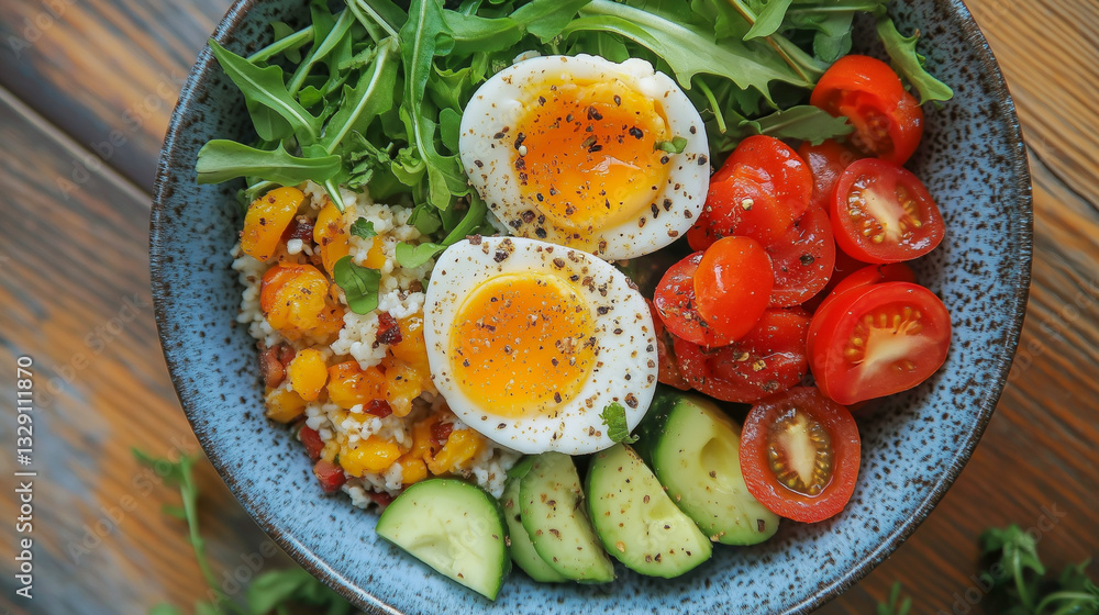 Healthy salad bowl with sliced tomatoes, cucumbers, mixed greens, and soft boiled eggs served on a rustic wooden table Healthy salad bowl with sliced tomatoes, cucumbers, mixed greens, and soft boiled eggs served on a rustic wooden table