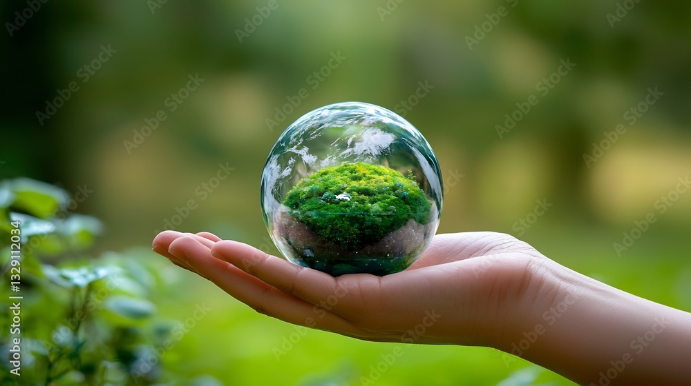 Giant hand gently holding a miniature biosphere symbolizing the responsibility of protecting the planet Giant hand gently holding a miniature biosphere symbolizing the responsibility of protecting the planet