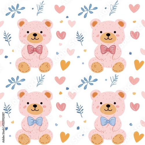 Wallpaper Mural Adorable Pink Teddy Bears Seamless Pattern with Hearts and Leaves Torontodigital.ca