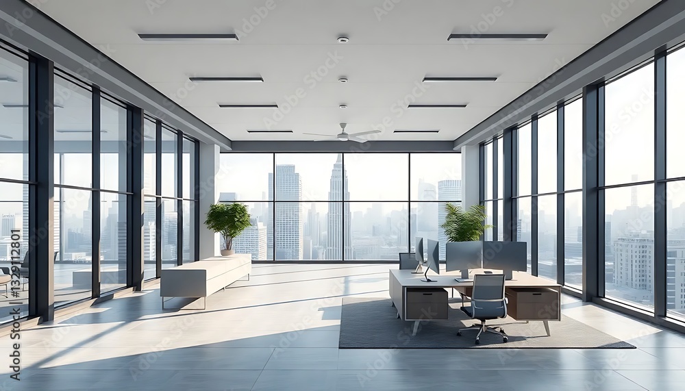 Fototapeta premium Modern Open Space Office Large Windows A City View
