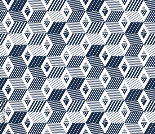 Cubes seamless pattern, abstract 3D optic background, trippy isometric linear polygon endless wallpaper, surreal effect black and white tiling pattern.