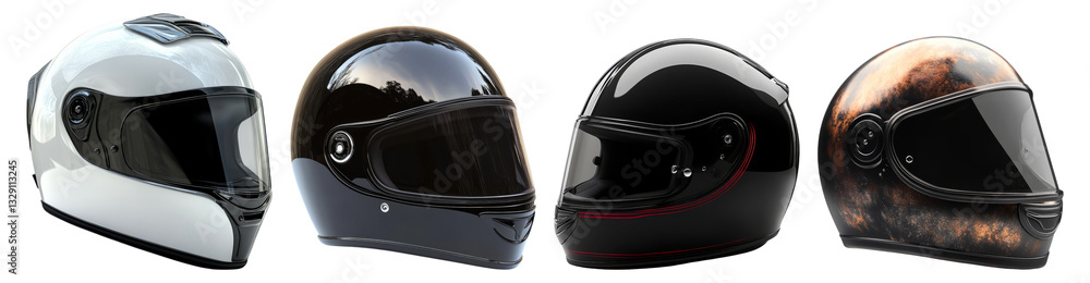 Fototapeta premium Various Motorcycle Helmets in Different Colors and Designs, Isolated on Transparent Background