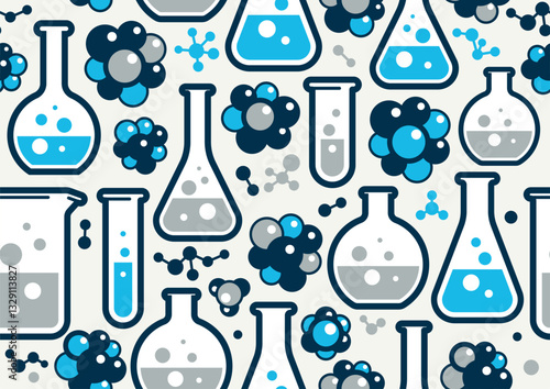 Chemistry seamless background, chemical laboratory endless pattern with molecules and flasks, repeat wallpaper with elements easy to use separately.