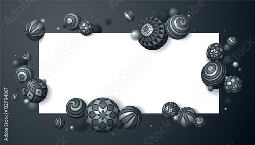 Realistic decorated metal spheres vector illustration with blank paper sheet, abstract background with beautiful balls with patterns and depth of field effect, 3D globes design concept art.