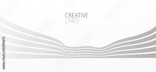 Lines in perspective vector abstract background in light grey and white monochrome, 3D dimensional stripes with smooth gradient and wavy motion.