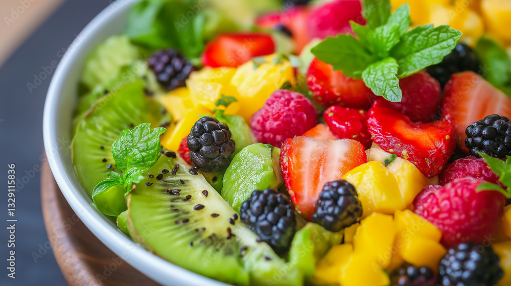 Fresh fruit salad filled with vibrant berries, mango, and kiwi on a wooden table Fresh fruit salad filled with vibrant berries, mango, and kiwi on a wooden table