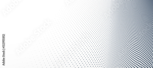 Grey dots in 3D perspective vector abstract background, dotted pattern cool design, wave stream of science technology or business blank template for ads.