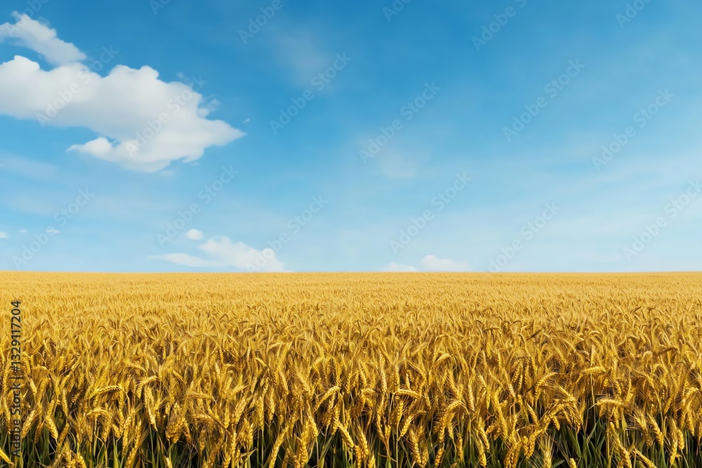 Naklejka premium Wheat Field Under a Bright Blue Sky with Cloud Agriculture Concept