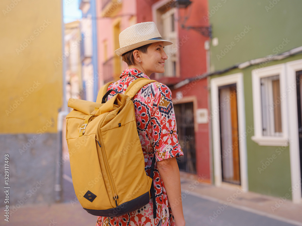 Fototapeta premium Woman in dress strolls through colorful streets of Spanish coastal town of La Vila Joiosa or Villajoyosa. sunny winter atmosphere highlights charm of Mediterranean architecture and quiet seaside life