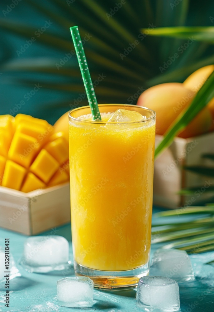 Fototapeta premium Refreshing Mango Smoothie with Ice and Straw for a Summer Treat
