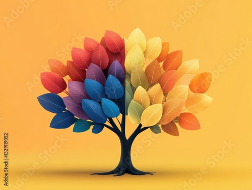 A colorful tree with autumn and spring foliage, symbolizing unity in diversity. A creative digital art piece.