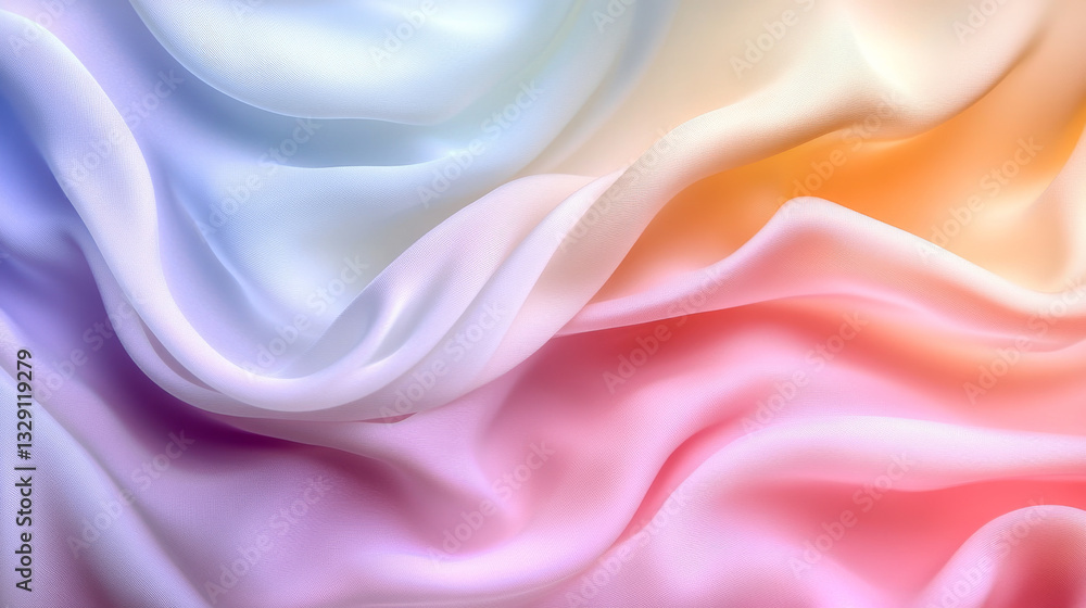 Fototapeta premium Soft, flowing fabric in pastel colors of blue, pink, and orange creates serene and elegant atmosphere. gentle waves and smooth texture evoke sense of calm and beauty