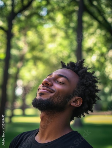 Happy man in park with eyes closed, savoring the moment, outdoors during daylight, natural sunlight filtering through trees