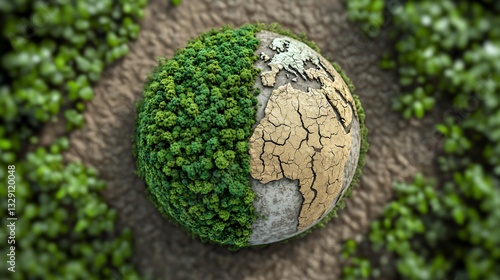 Globe with half covered in lush green forests and half in desert symbolizing the effects of deforestation