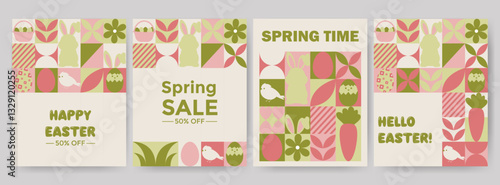 Easter flyers, banners. Easter items in simple geometric shapes, geometry minimalistic style for card, invitation, poster, flyer, web design	