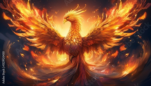 A fiery phoenix reborn, its radiant aura bursting with golden flames and embers, symbolizing renewal and immortal power.
