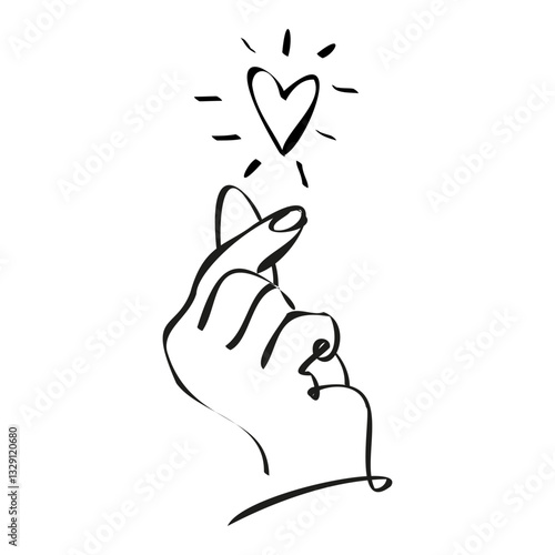 Continuous one line drawing with of hand with heart sign on white background. Black thin line of hand with heart image