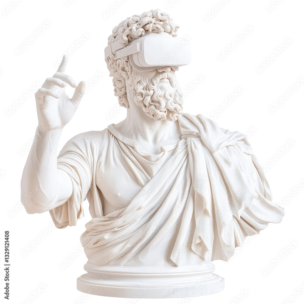 Obraz premium Virtual Reality meets Classical Art: A marble bust of a classical figure, adorned with VR goggles, embodies the fusion of past and future, innovation, and tradition.