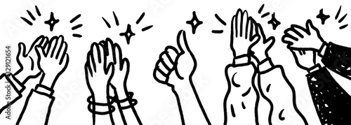 Applause hand draw, doodle clapping ovation. thumbs up gesture isolated on white background , vector illustration.