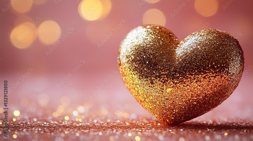 Fototapeta premium Golden glitter forming a heart on a pink background perfectly evokes love and romance, ideal for Valentine's Day and anniversaries.