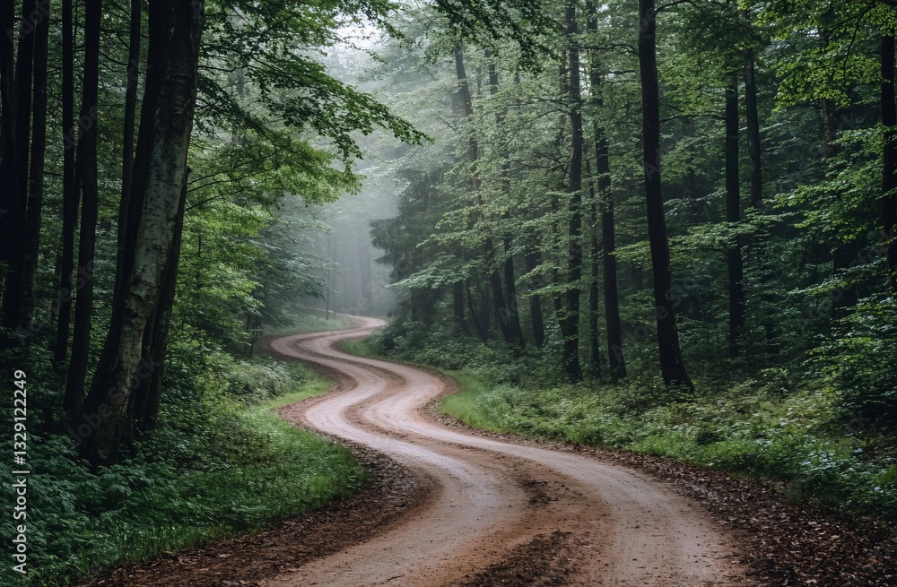Fototapeta premium Winding Road Through Verdant Forest: A captivating scene of a winding, earthen road disappearing into a dense, green forest. This photo evokes a sense of mystery and adventure.