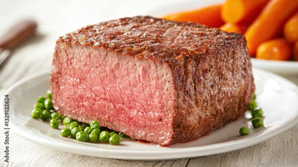 Chuck food steak concept. Perfectly seared beef steak on a plate with roasted vegetables Chuck food steak concept. Perfectly seared beef steak on a plate with roasted vegetables