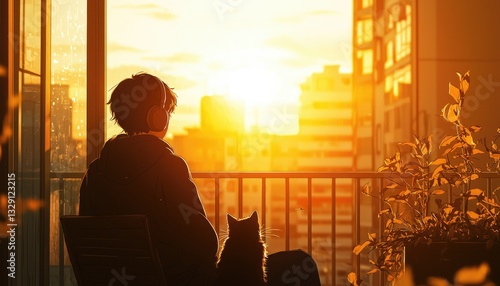 A person wearing headphones enjoys sunset with their cat friend