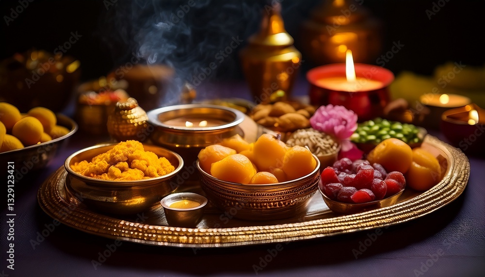 Fototapeta premium A Diwali feast on a traditional brass platter, featuring vibrant fruits, sweets, and incense, evoking warmth, celebration, and tradition.