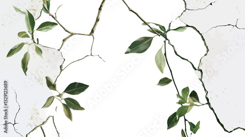 Close-up shot of two intertwining plant vines with small green leaves against a background of a cracked, white wall.  The vines are thin and dark-toned, contrasting sharply with the bright white