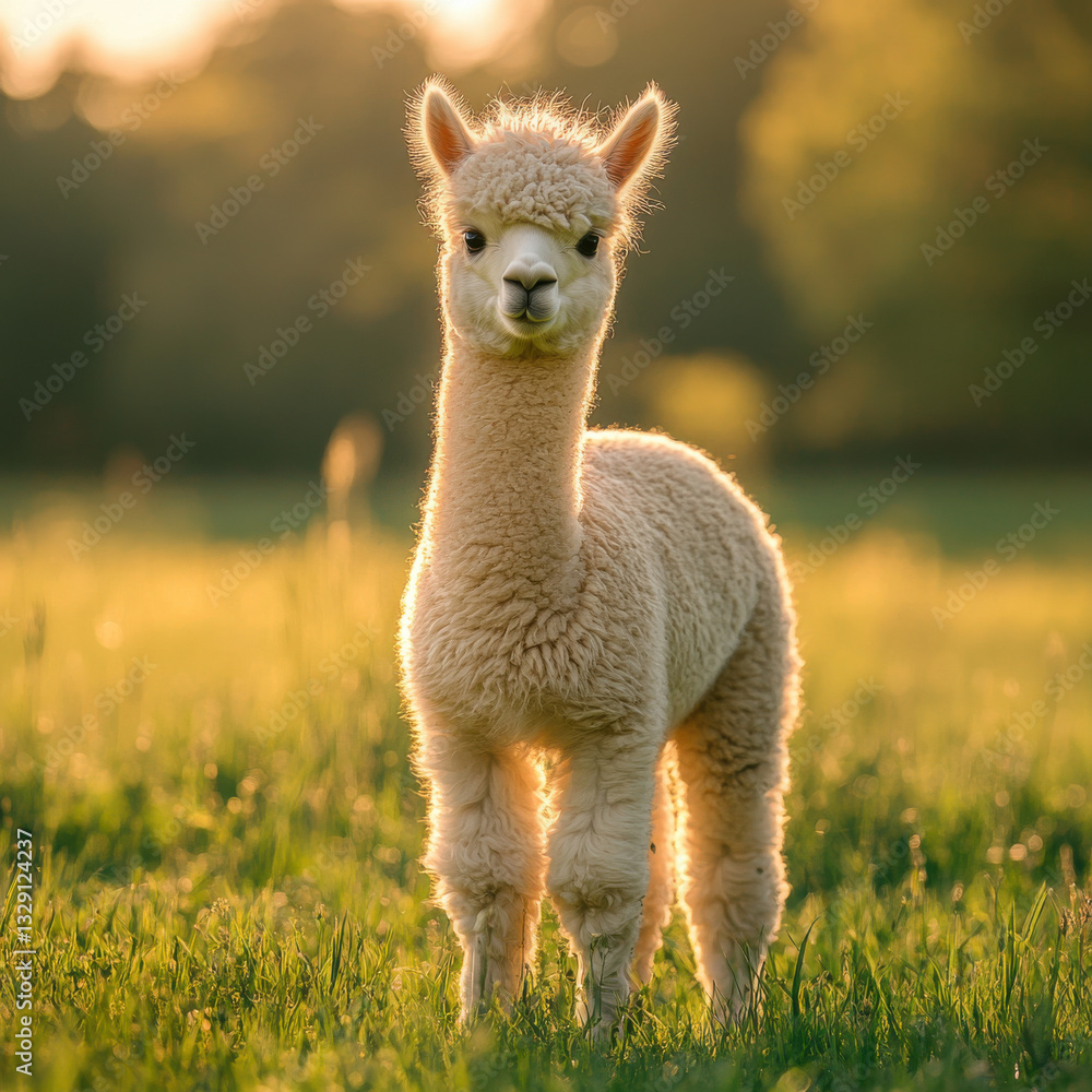 Fluffy baby alpaca standing in a green pasture, gentle and sweet, soft morning light, UHD 8K Fluffy baby alpaca standing in a green pasture, gentle and sweet, soft morning light, UHD 8K