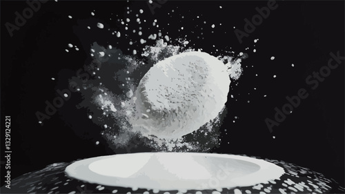 A high-contrast black and white close-up photograph depicts a cloud of white powder exploding from a central point. The powder is in sharp focus, showing its granular texture.  The explosion