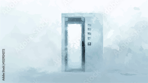 The image shows a tall, rectangular doorway or gate, seemingly made of metal or a similar material, partially obscured by a heavy blizzard. The background is completely white, filled with dense
