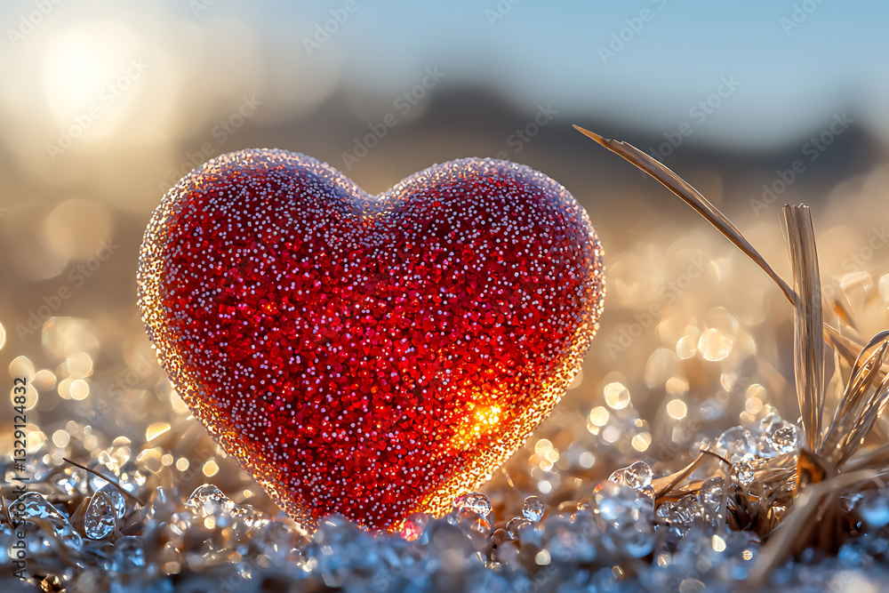 Fototapeta premium Sparkling red heart rests in dewy grass catching the sunlight in a shimmering romantic outdoor scene.