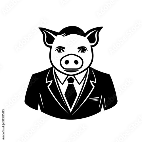 Black and white illustration of a man with a pig's head.