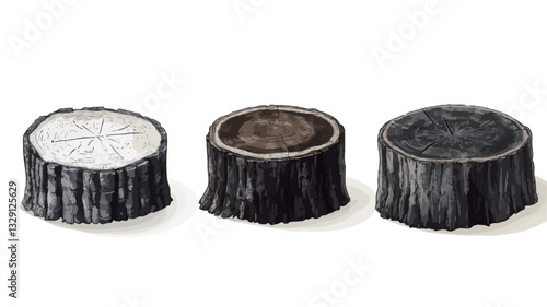 The image shows three stylized illustrations of tree stump cross-sections. Each stump is depicted from a slightly elevated angle, displaying a circular cross-section.  The stumps are arranged