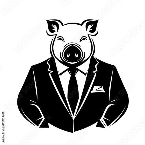 Black and white illustration of a man with a pig's head.
