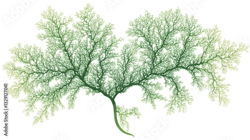 A detailed illustration of a seaweed specimen. The image showcases a light green and yellowish-green color palette. The seaweed has a branching, fractal-like structure with fine, delicate lines and