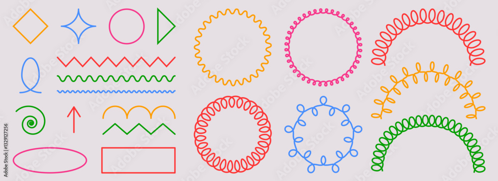 Spring coil shapes, spirals, wavy lines - colorful set of decorative geometric doodle elements. Zigzags, loops, curls and twirls for playful borders or frames. Vibrant hand drawn creative accents. Spring coil shapes, spirals, wavy lines - colorful set of decorative geometric doodle elements. Zigzags, loops, curls and twirls for playful borders or frames. Vibrant hand drawn creative accents.